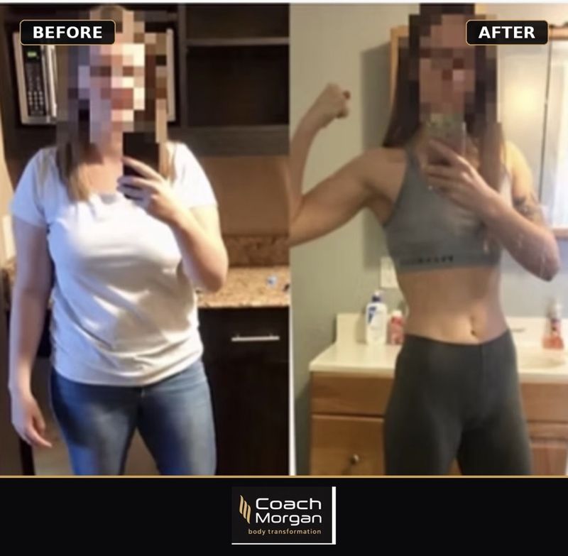 Kelly before and after – 12kg lost · ~10% body fat