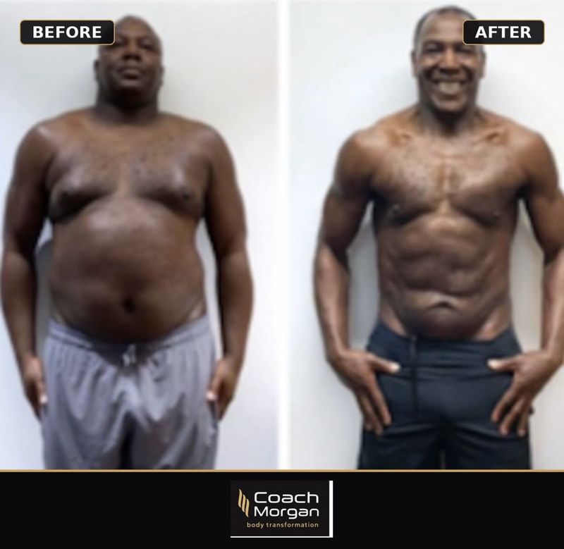 David before and after – 23kg lost · ~15% body fat